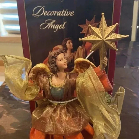 CHRISTMAS Kirkland 9" Decorative Angel Orange Gold Dress Holding Star NEW - Picture 4 of 8